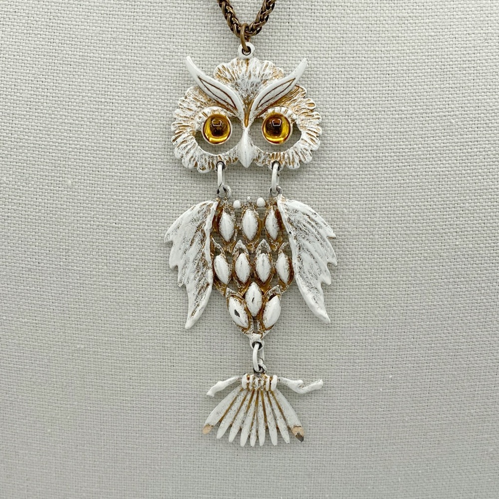 Vintage White Enameled Owl Pendant Necklace Articulated Owl Pendant